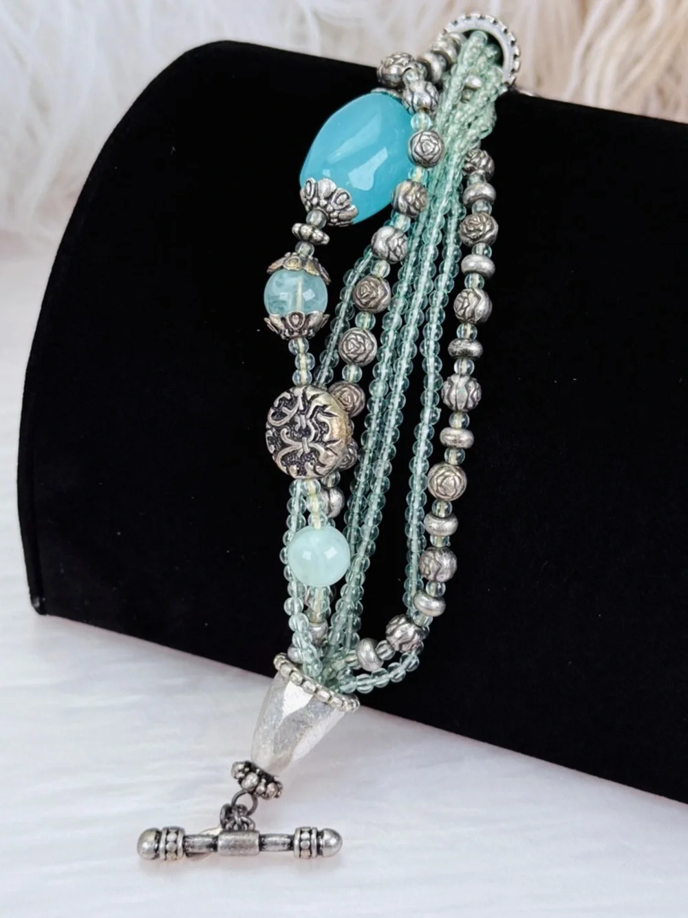 Bohemian Chic Multi-Strand Mint Bead and Silvertone Toggle Bracelet